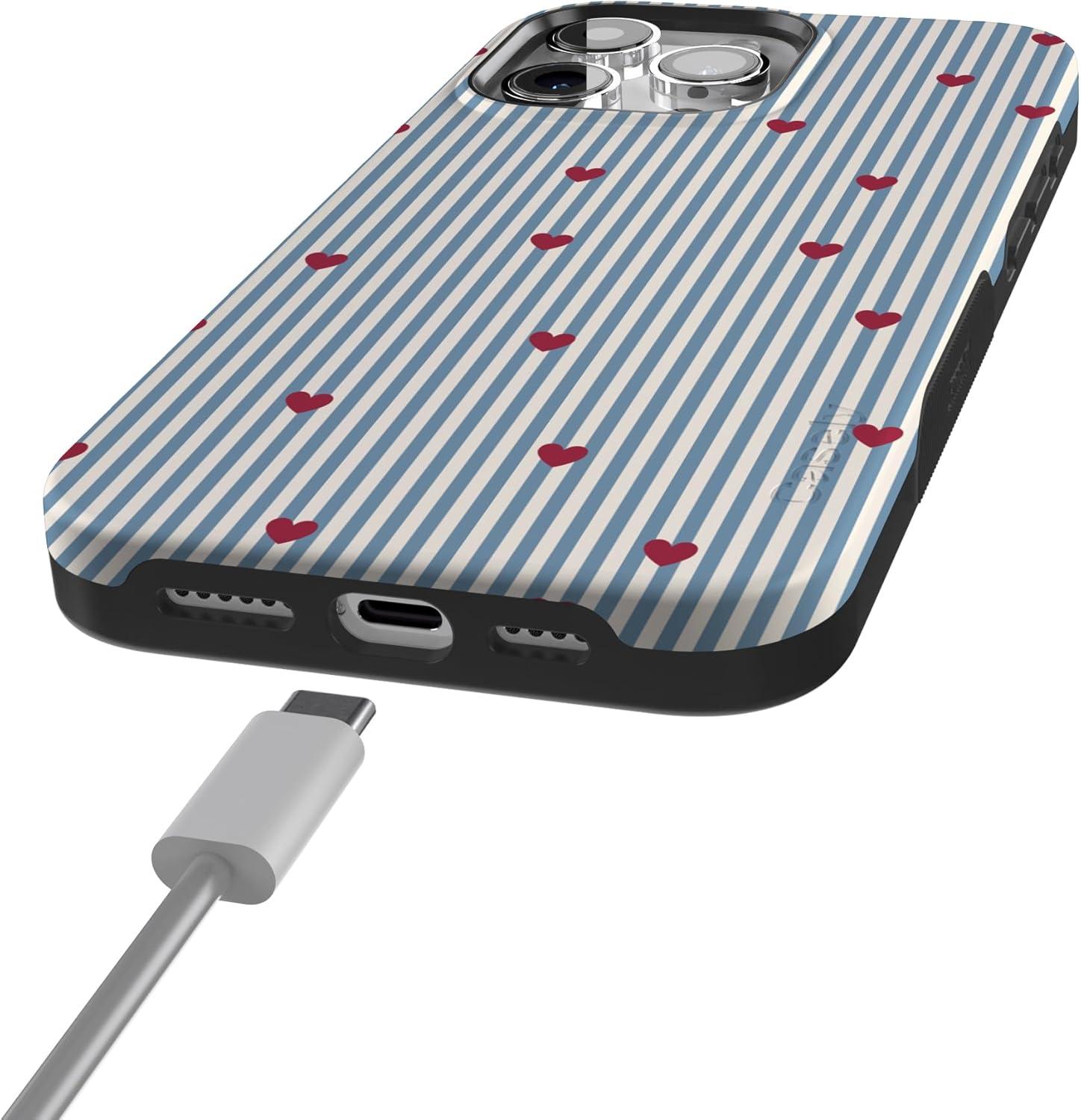 imageCasely iPhone 15 Pro Case Heart Noir Tiny Hearts Bold Protective Design MagSafe Compatible DesignLove Lines Blue Stripes