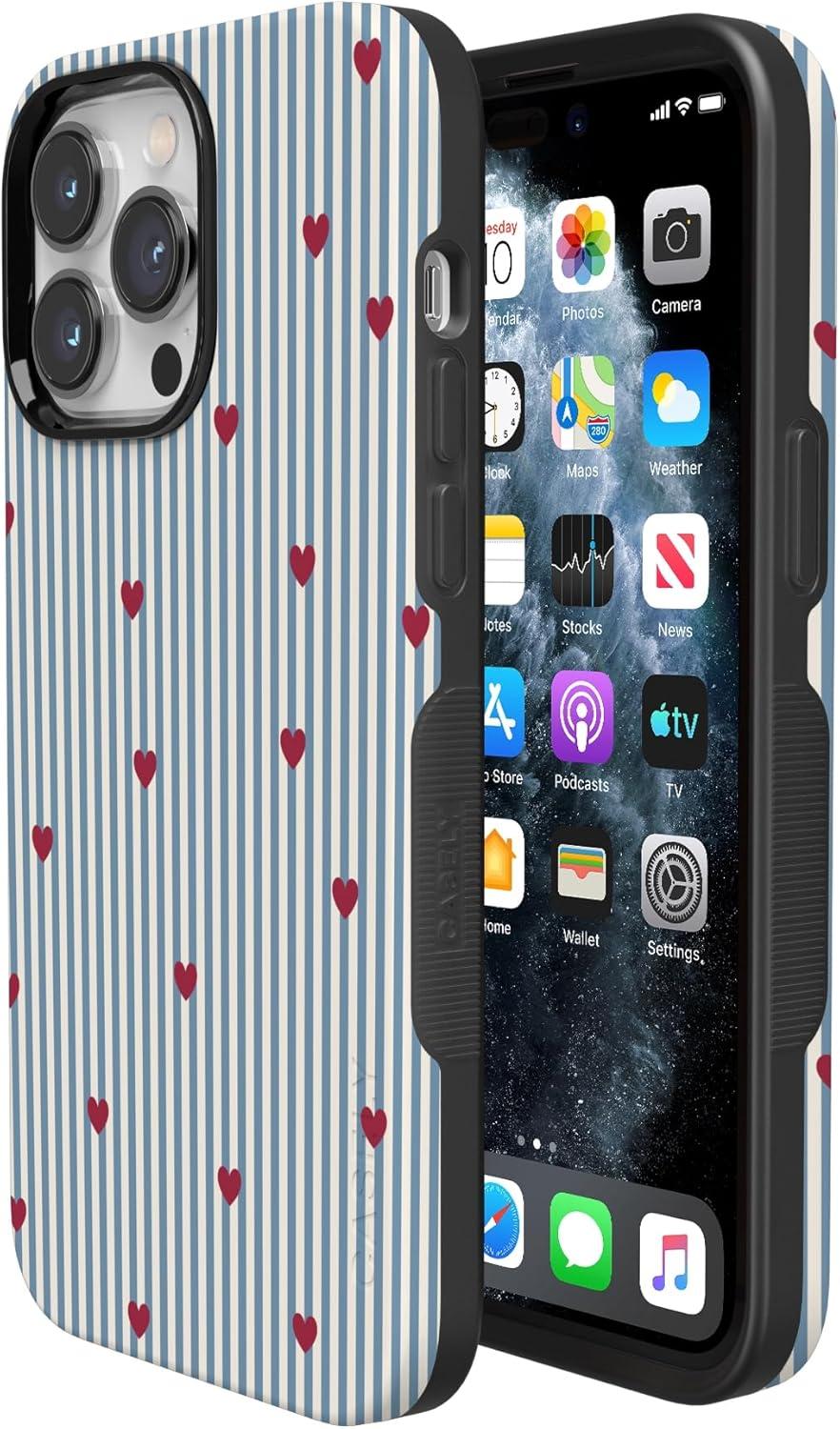 imageCasely iPhone 15 Pro Case Heart Noir Tiny Hearts Bold Protective Design MagSafe Compatible DesignLove Lines Blue Stripes