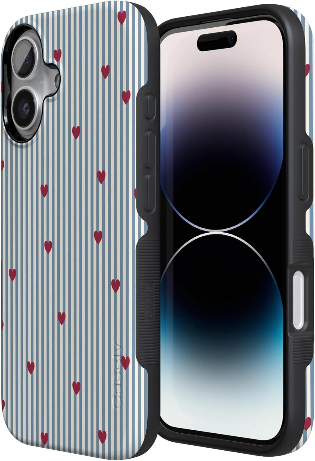 imageCasely iPhone 15 Pro Case Heart Noir Tiny Hearts Bold Protective Design MagSafe Compatible DesignLove Lines Blue Stripes