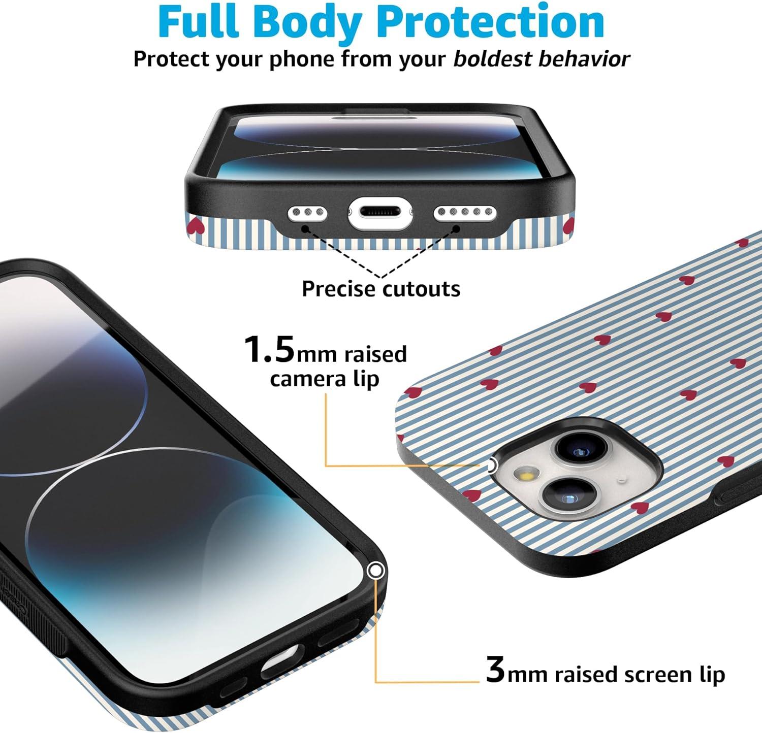 imageCasely iPhone 15 Pro Case Heart Noir Tiny Hearts Bold Protective Design MagSafe Compatible DesignLove Lines Blue Stripes