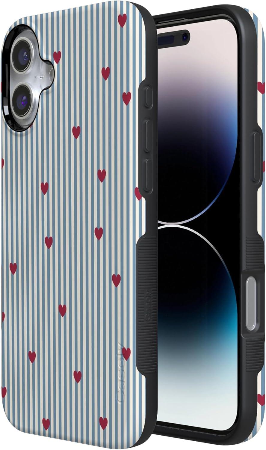 imageCasely iPhone 15 Pro Case Heart Noir Tiny Hearts Bold Protective Design MagSafe Compatible DesignLove Lines Blue Stripes