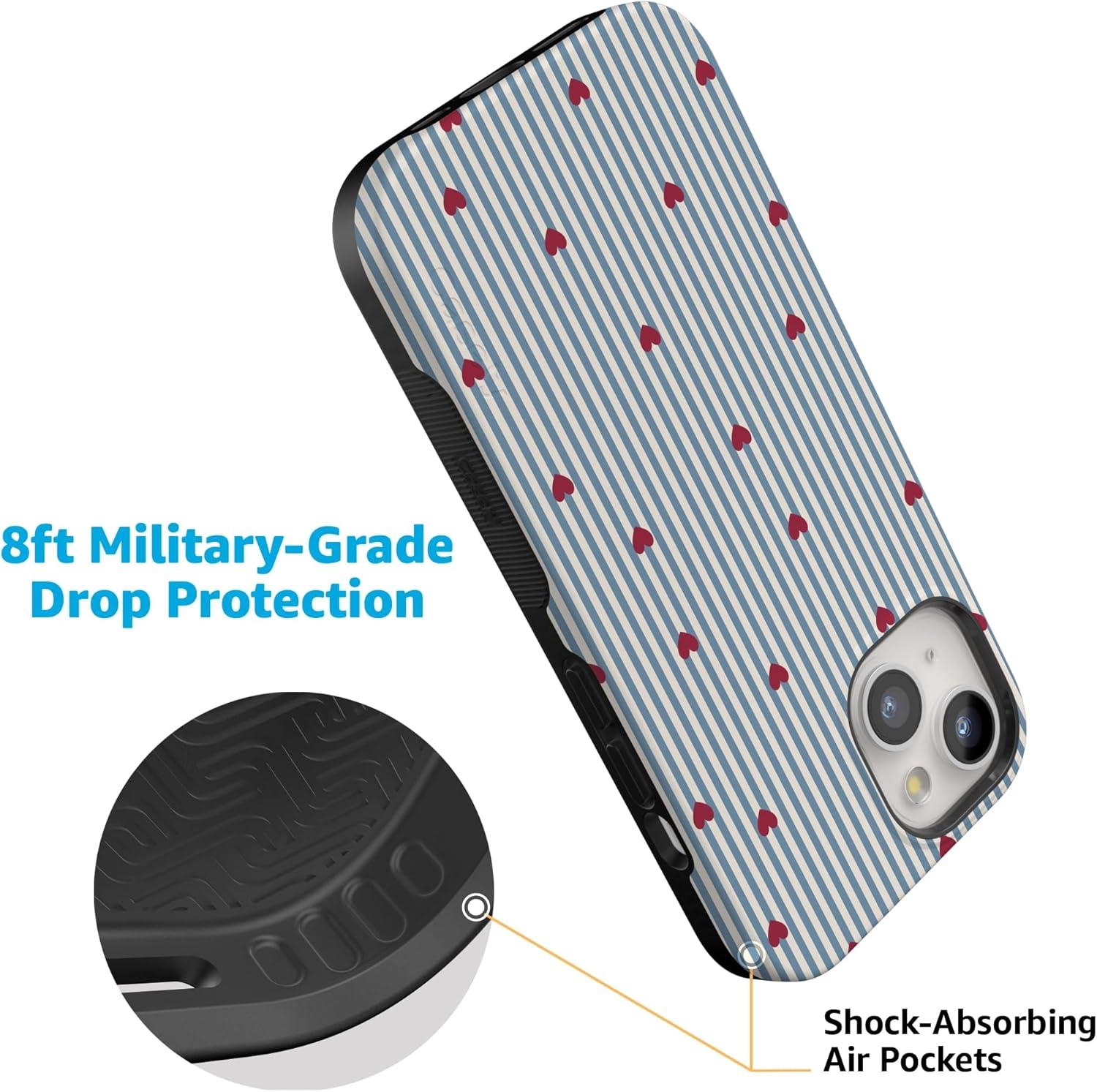 imageCasely iPhone 15 Pro Case Heart Noir Tiny Hearts Bold Protective Design MagSafe Compatible DesignLove Lines Blue Stripes