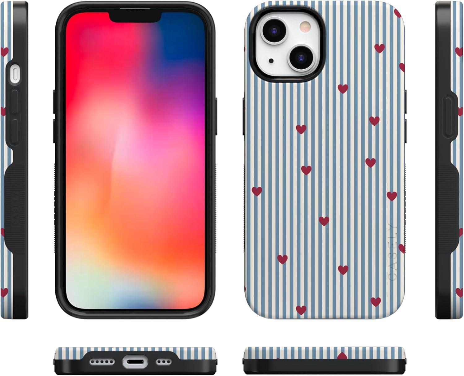imageCasely iPhone 15 Pro Case Heart Noir Tiny Hearts Bold Protective Design MagSafe Compatible DesignLove Lines Blue Stripes
