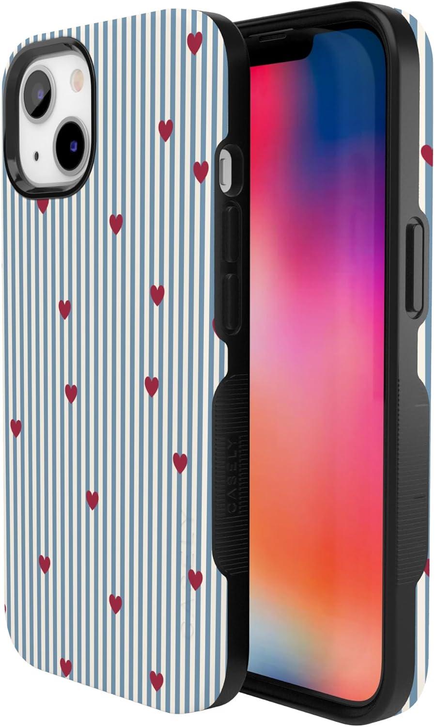 imageCasely iPhone 15 Pro Case Heart Noir Tiny Hearts Bold Protective Design MagSafe Compatible DesignLove Lines Blue Stripes