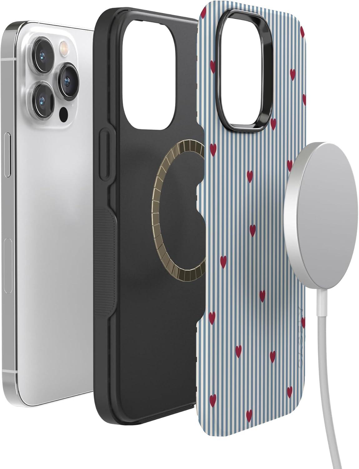 imageCasely iPhone 15 Pro Case Heart Noir Tiny Hearts Bold Protective Design MagSafe Compatible DesignLove Lines Blue Stripes