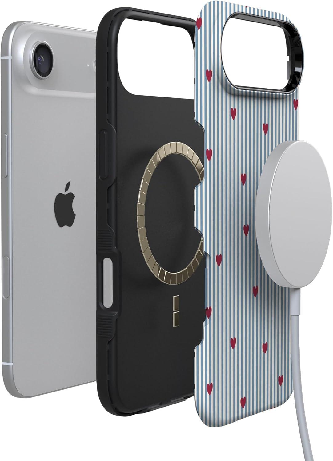 imageCasely iPhone 15 Pro Case Heart Noir Tiny Hearts Bold Protective Design MagSafe Compatible DesignLove Lines Blue Stripes