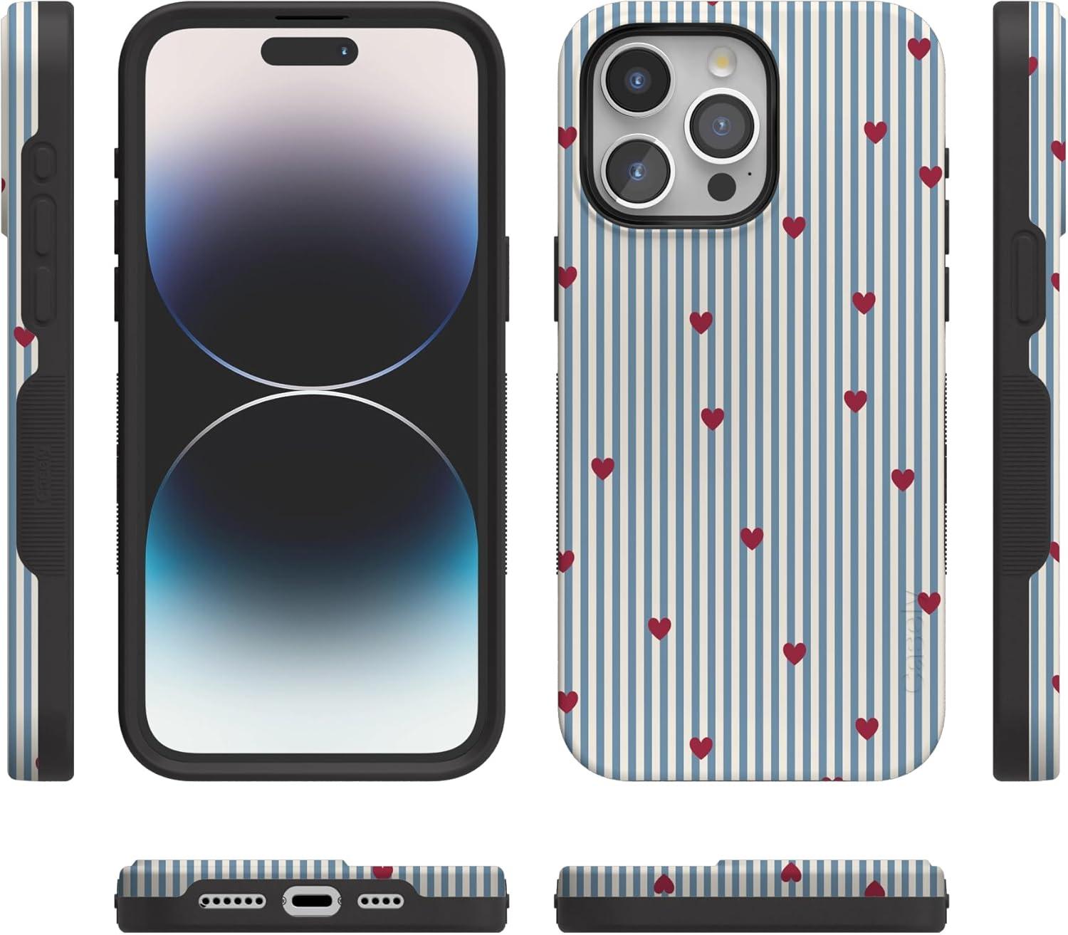 imageCasely iPhone 15 Pro Case Heart Noir Tiny Hearts Bold Protective Design MagSafe Compatible DesignLove Lines Blue Stripes