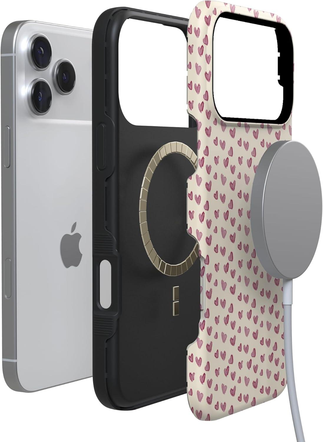 imageCasely iPhone 15 Pro Case Heart Noir Tiny Hearts Bold Protective Design MagSafe Compatible DesignLovebug Mauve Hearts