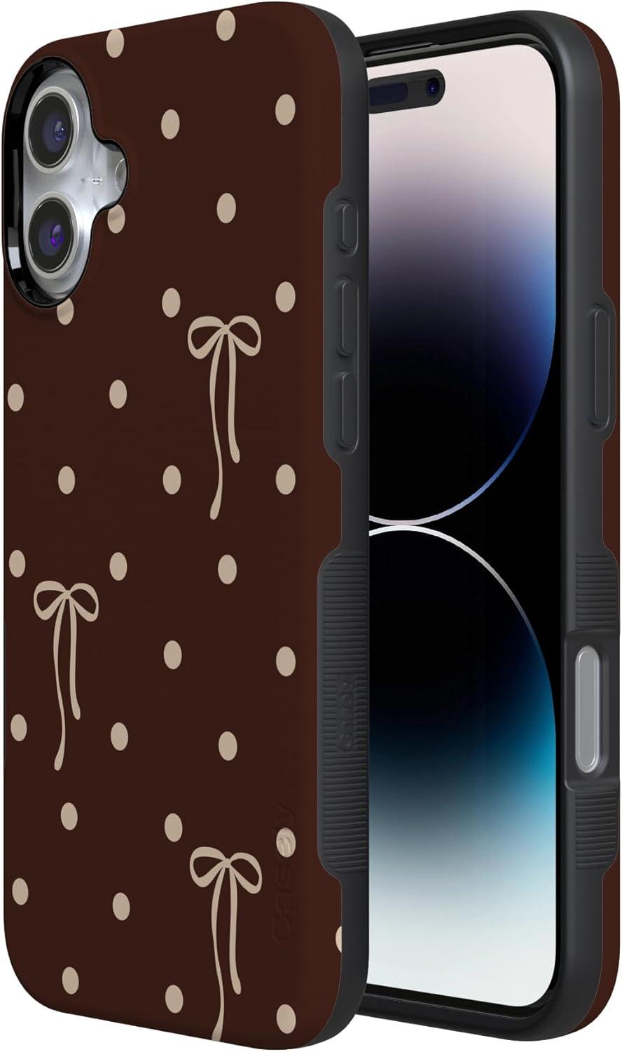 imageCasely iPhone 15 Pro Case Heart Noir Tiny Hearts Bold Protective Design MagSafe Compatible DesignTeddy Bows Brown Polka Dot