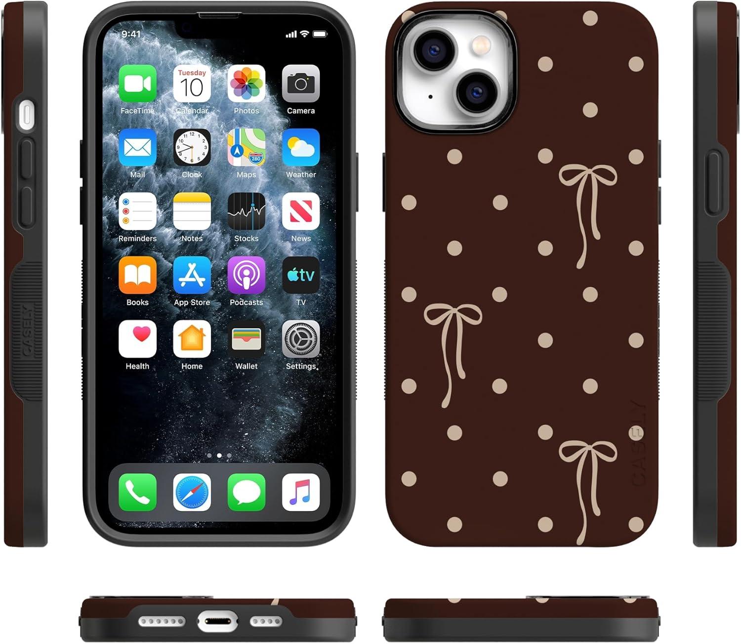 imageCasely iPhone 15 Pro Case Heart Noir Tiny Hearts Bold Protective Design MagSafe Compatible DesignTeddy Bows Brown Polka Dot