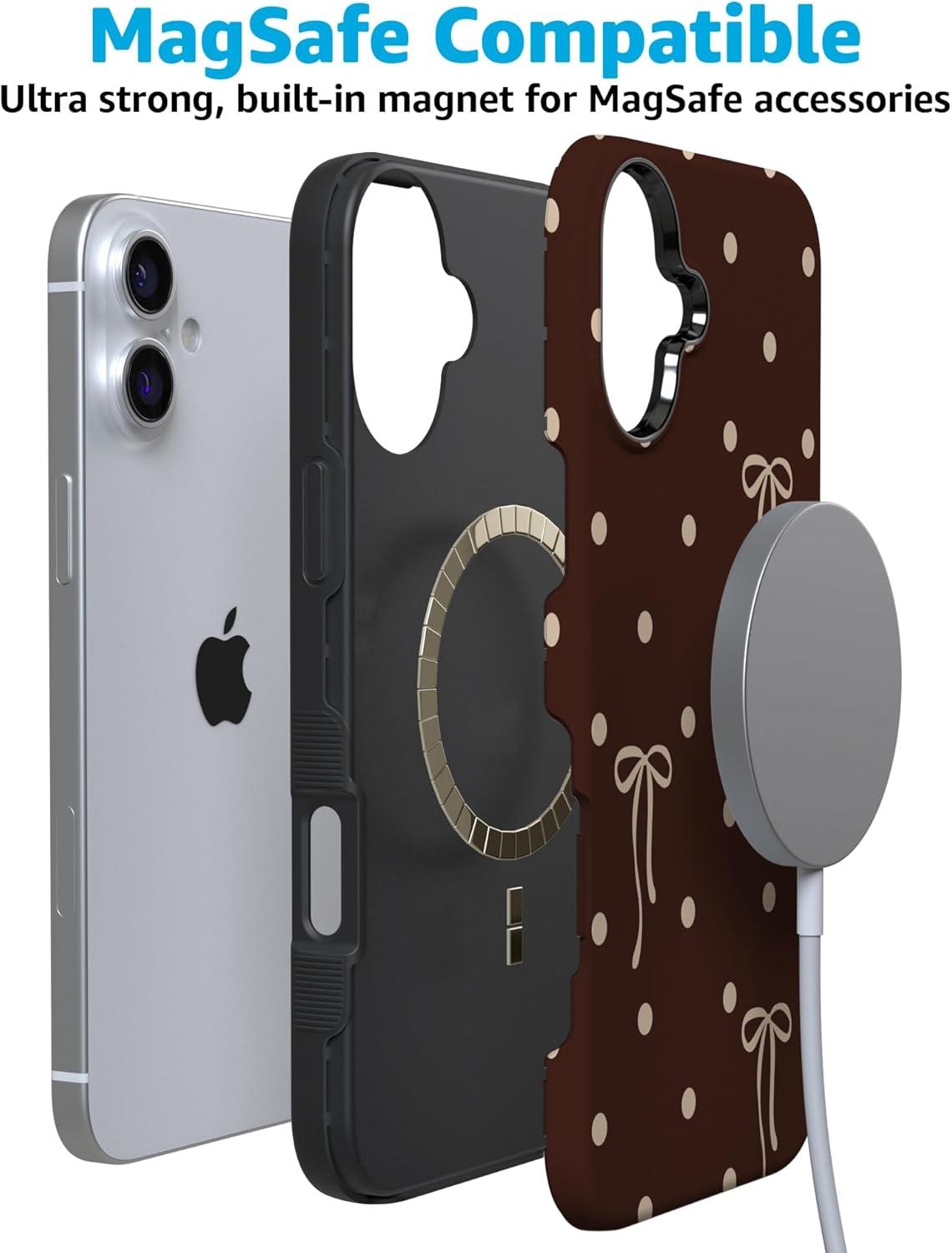 imageCasely iPhone 15 Pro Case Heart Noir Tiny Hearts Bold Protective Design MagSafe Compatible DesignTeddy Bows Brown Polka Dot