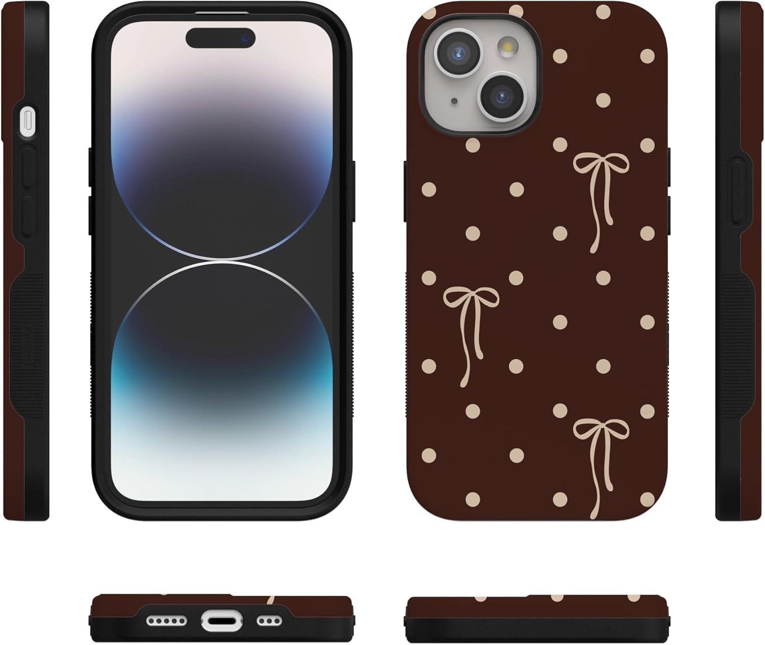 imageCasely iPhone 15 Pro Case Heart Noir Tiny Hearts Bold Protective Design MagSafe Compatible DesignTeddy Bows Brown Polka Dot