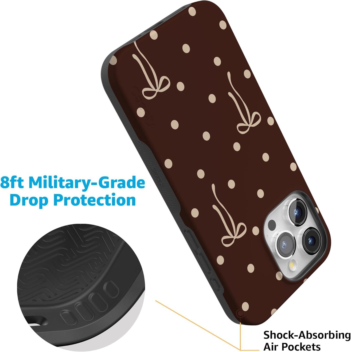 imageCasely iPhone 15 Pro Case Heart Noir Tiny Hearts Bold Protective Design MagSafe Compatible DesignTeddy Bows Brown Polka Dot