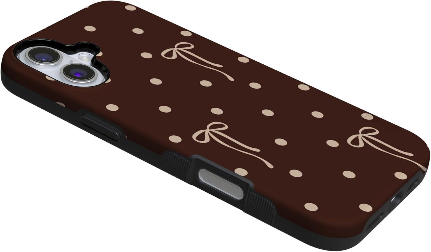 imageCasely iPhone 15 Pro Case Heart Noir Tiny Hearts Bold Protective Design MagSafe Compatible DesignTeddy Bows Brown Polka Dot