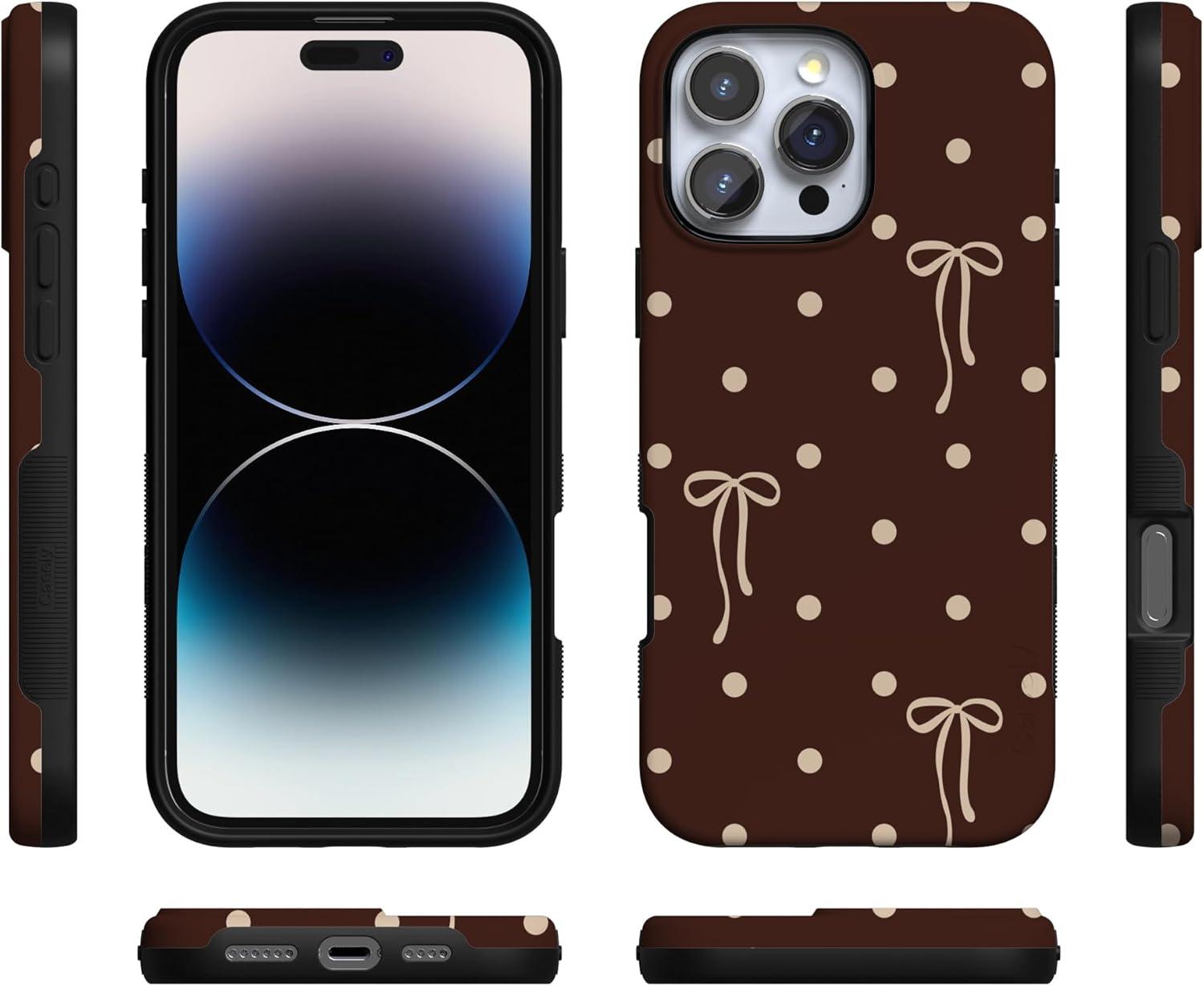 imageCasely iPhone 15 Pro Case Heart Noir Tiny Hearts Bold Protective Design MagSafe Compatible DesignTeddy Bows Brown Polka Dot