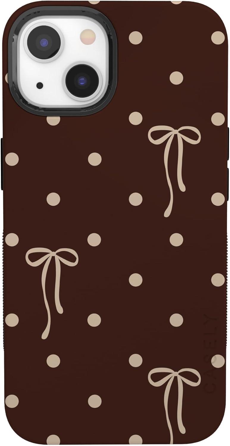 imageCasely iPhone 15 Pro Case Heart Noir Tiny Hearts Bold Protective Design MagSafe Compatible DesignTeddy Bows Brown Polka Dot