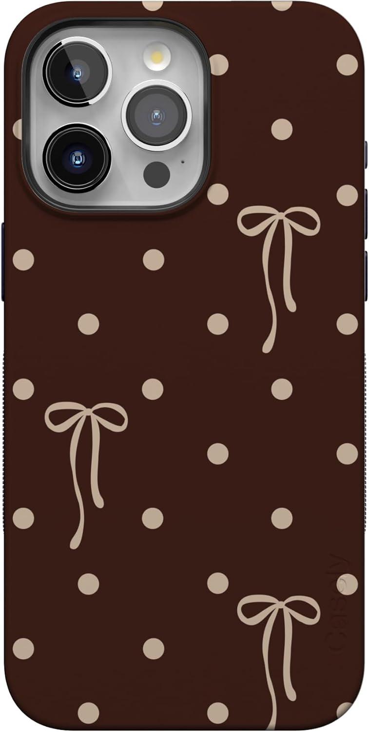 imageCasely iPhone 15 Pro Case Heart Noir Tiny Hearts Bold Protective Design MagSafe Compatible DesignTeddy Bows Brown Polka Dot