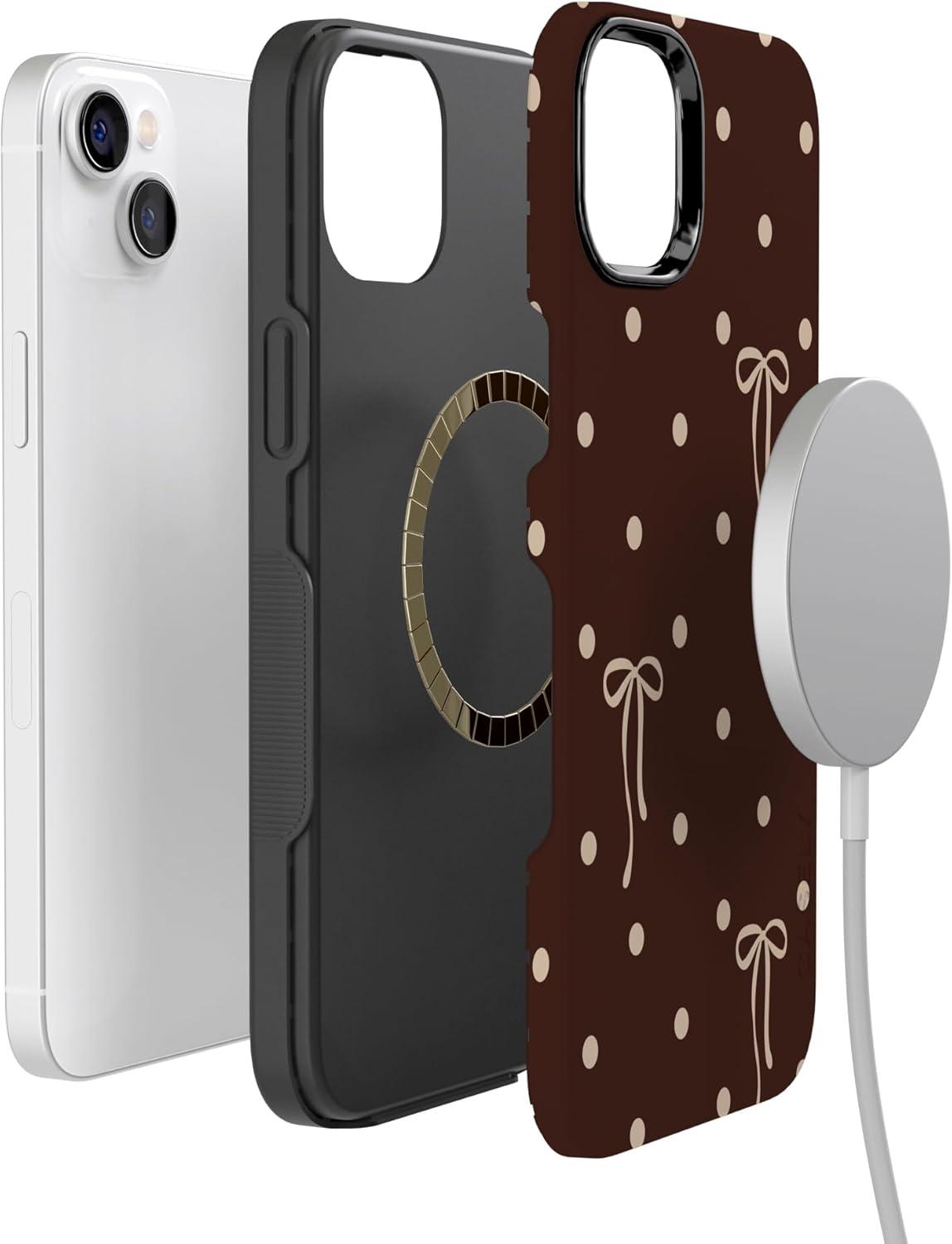 imageCasely iPhone 15 Pro Case Heart Noir Tiny Hearts Bold Protective Design MagSafe Compatible DesignTeddy Bows Brown Polka Dot