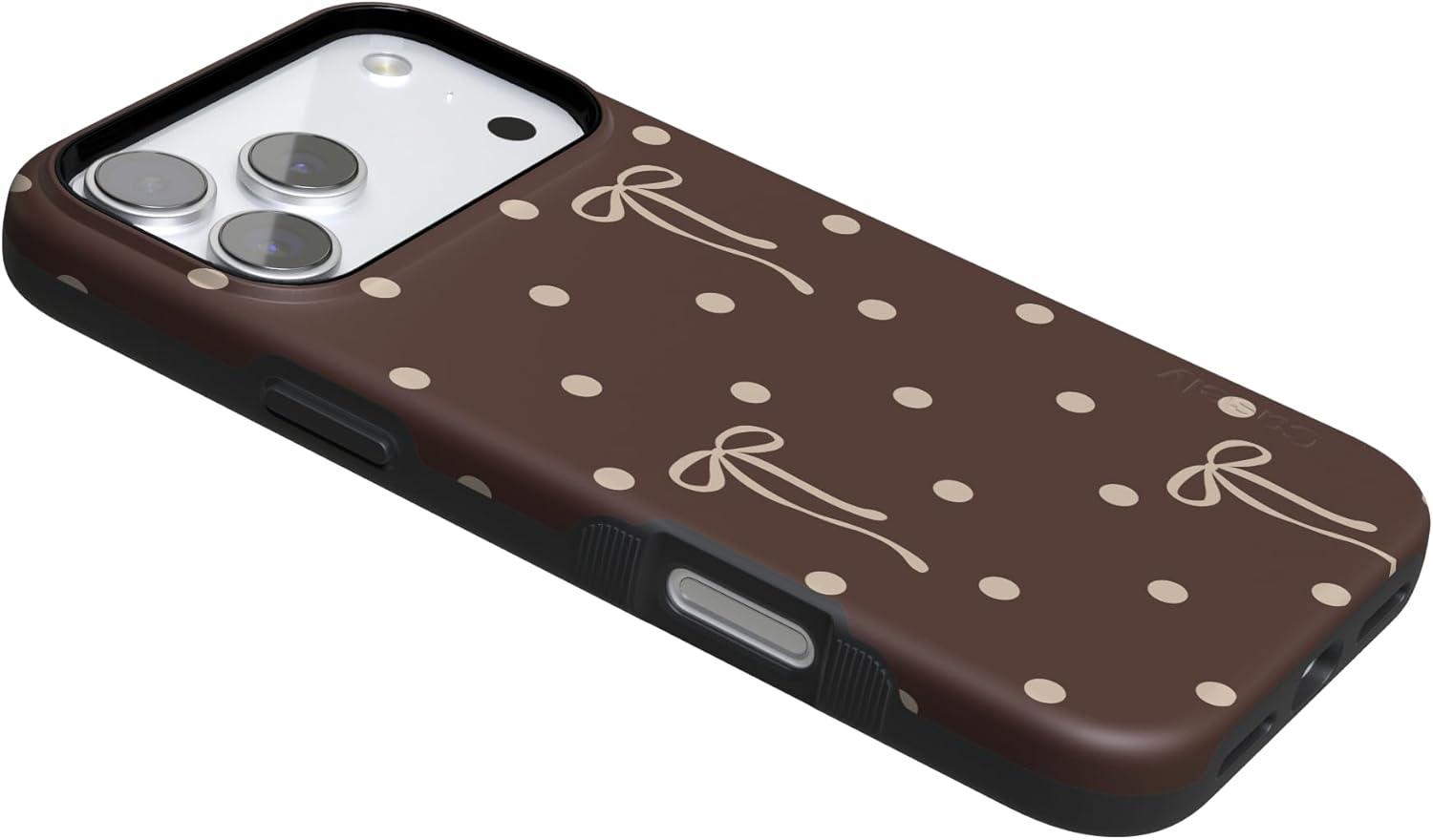 imageCasely iPhone 15 Pro Case Heart Noir Tiny Hearts Bold Protective Design MagSafe Compatible DesignTeddy Bows Brown Polka Dot