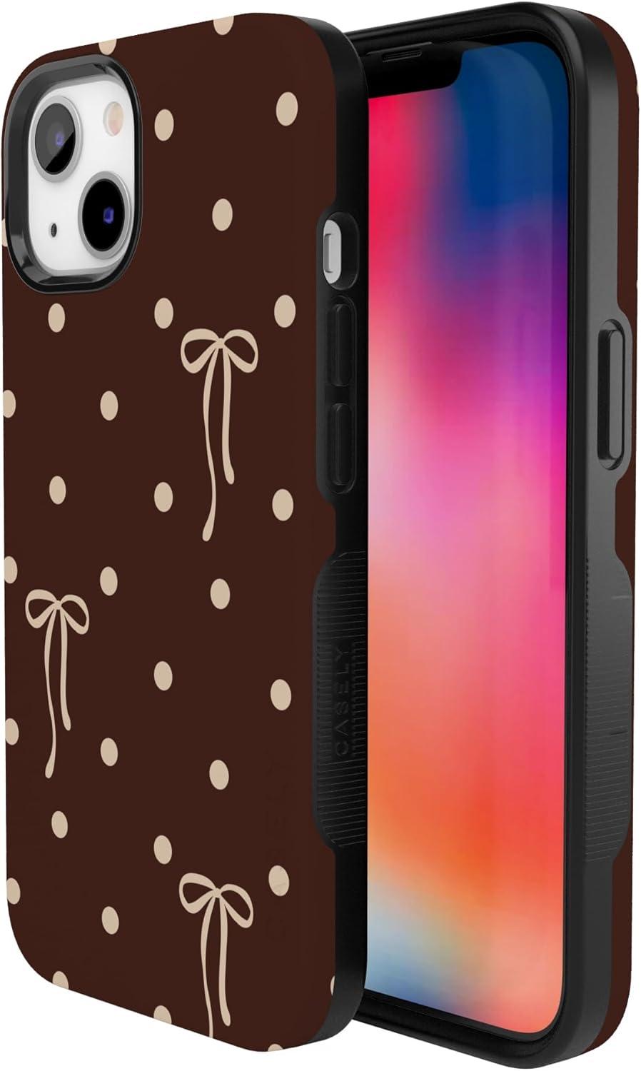 imageCasely iPhone 15 Pro Case Heart Noir Tiny Hearts Bold Protective Design MagSafe Compatible DesignTeddy Bows Brown Polka Dot