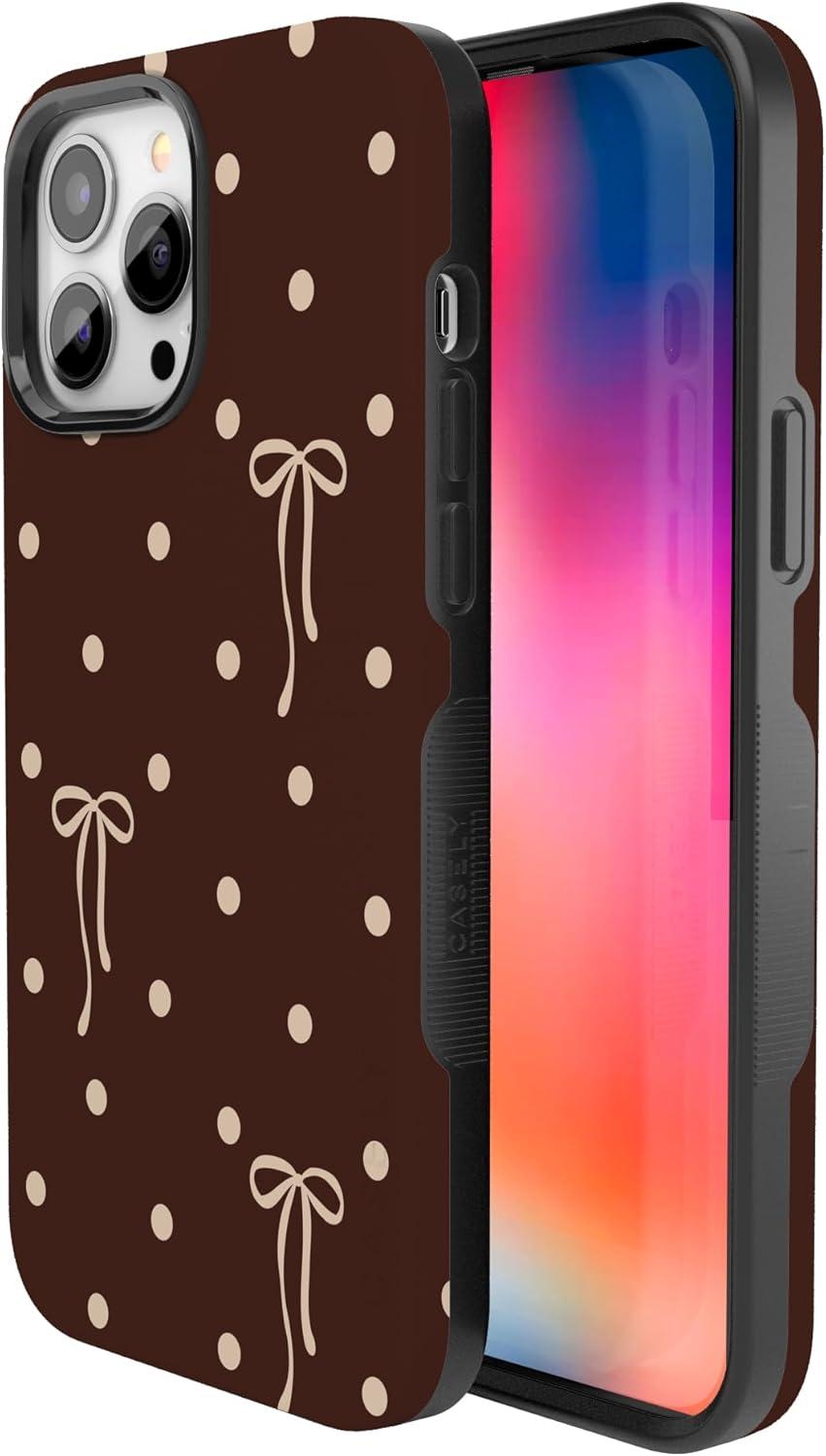 imageCasely iPhone 15 Pro Case Heart Noir Tiny Hearts Bold Protective Design MagSafe Compatible DesignTeddy Bows Brown Polka Dot