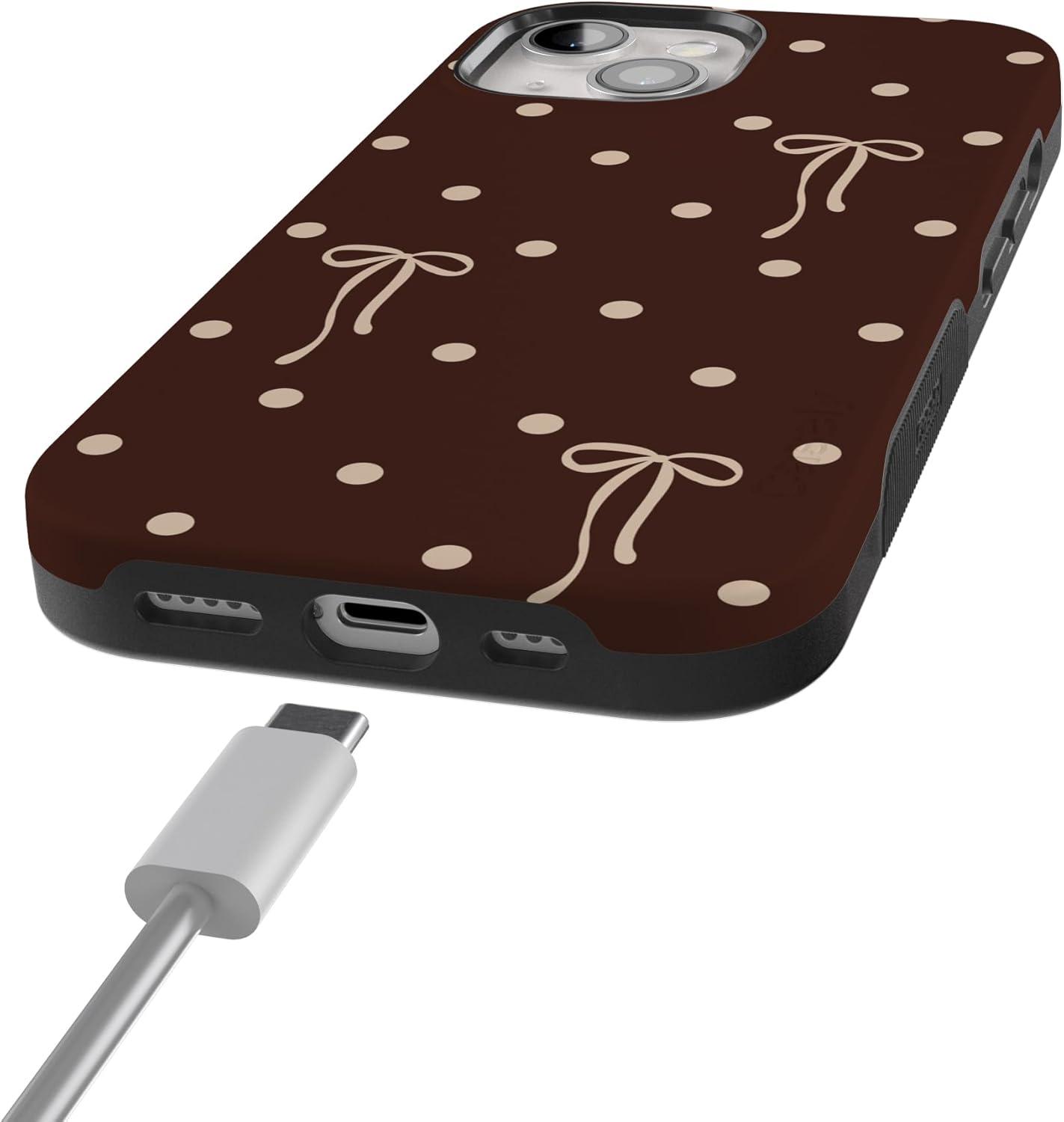 imageCasely iPhone 15 Pro Case Heart Noir Tiny Hearts Bold Protective Design MagSafe Compatible DesignTeddy Bows Brown Polka Dot