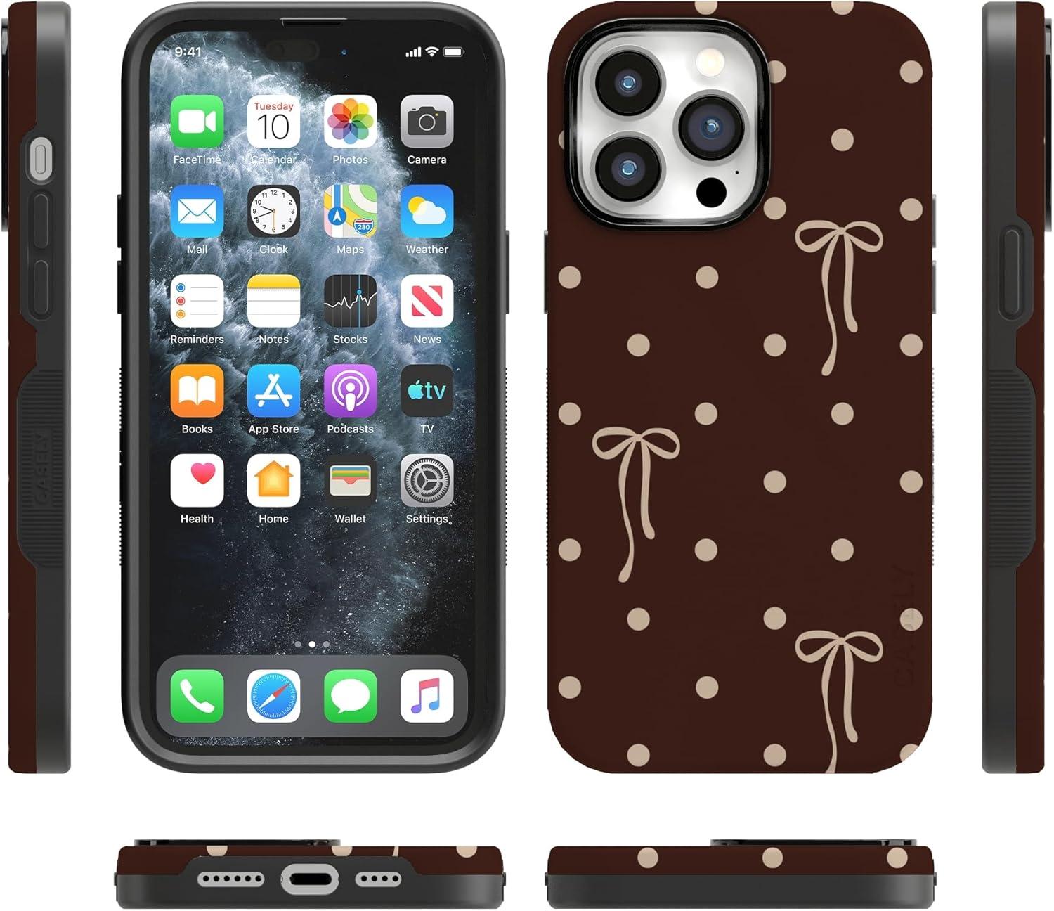 imageCasely iPhone 15 Pro Case Heart Noir Tiny Hearts Bold Protective Design MagSafe Compatible DesignTeddy Bows Brown Polka Dot