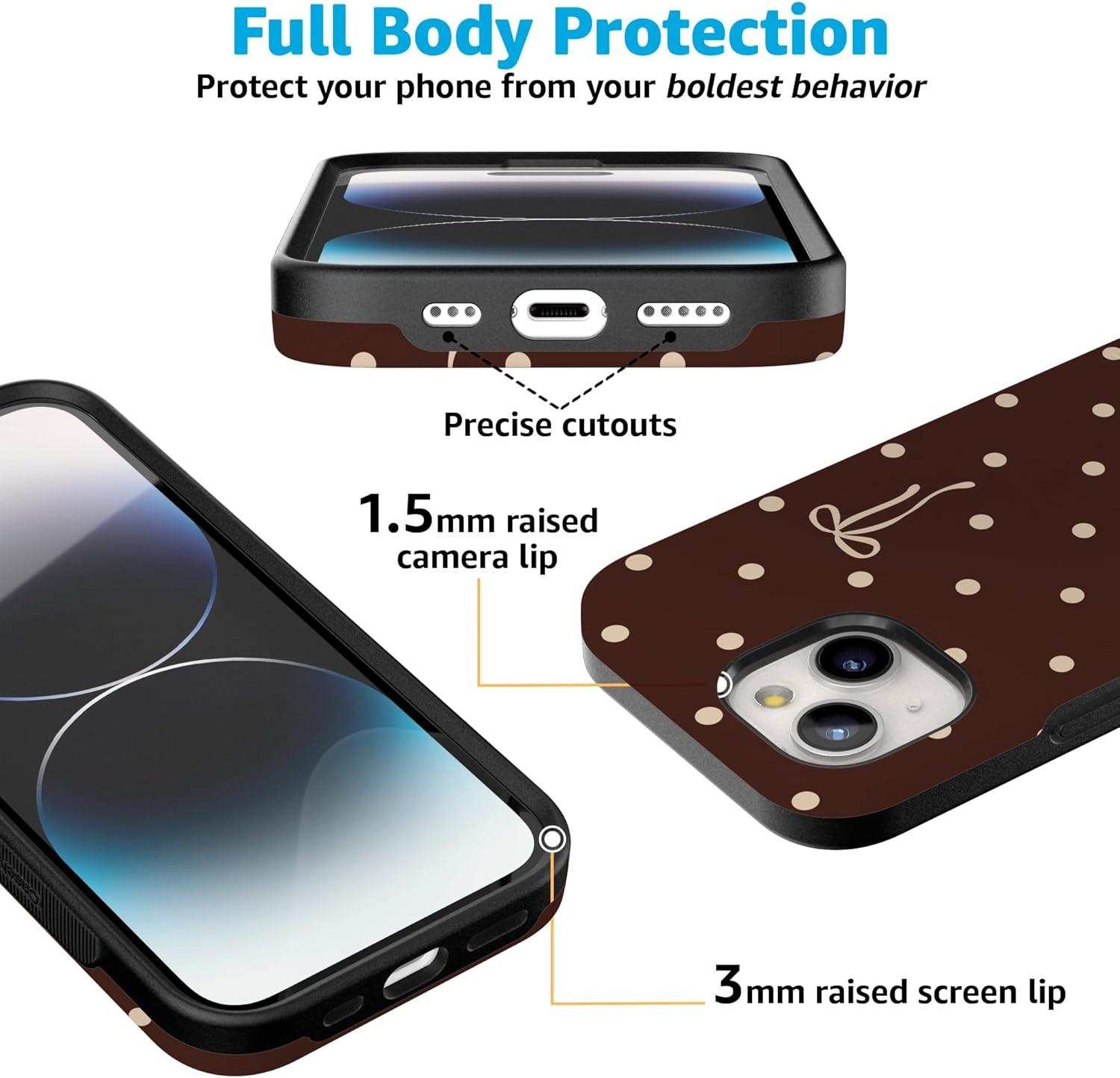 imageCasely iPhone 15 Pro Case Heart Noir Tiny Hearts Bold Protective Design MagSafe Compatible DesignTeddy Bows Brown Polka Dot