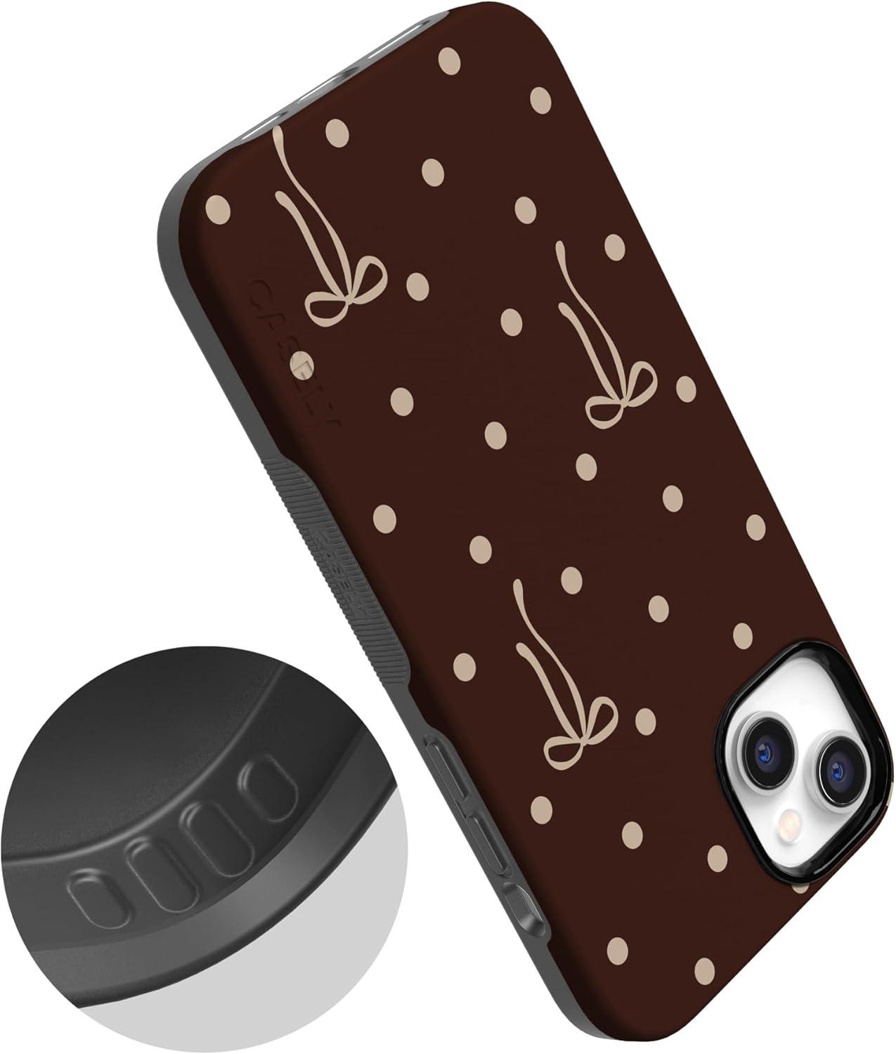 imageCasely iPhone 15 Pro Case Heart Noir Tiny Hearts Bold Protective Design MagSafe Compatible DesignTeddy Bows Brown Polka Dot