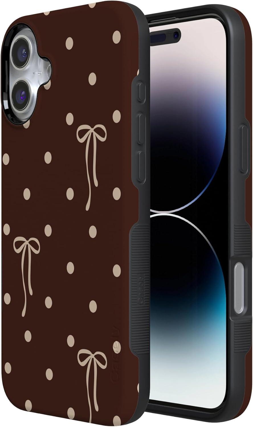 imageCasely iPhone 15 Pro Case Heart Noir Tiny Hearts Bold Protective Design MagSafe Compatible DesignTeddy Bows Brown Polka Dot