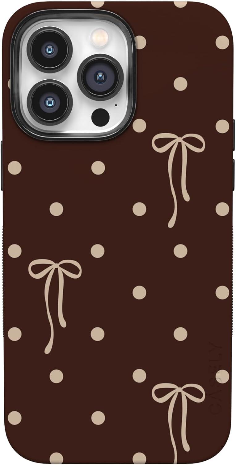 imageCasely iPhone 15 Pro Case Heart Noir Tiny Hearts Bold Protective Design MagSafe Compatible DesignTeddy Bows Brown Polka Dot