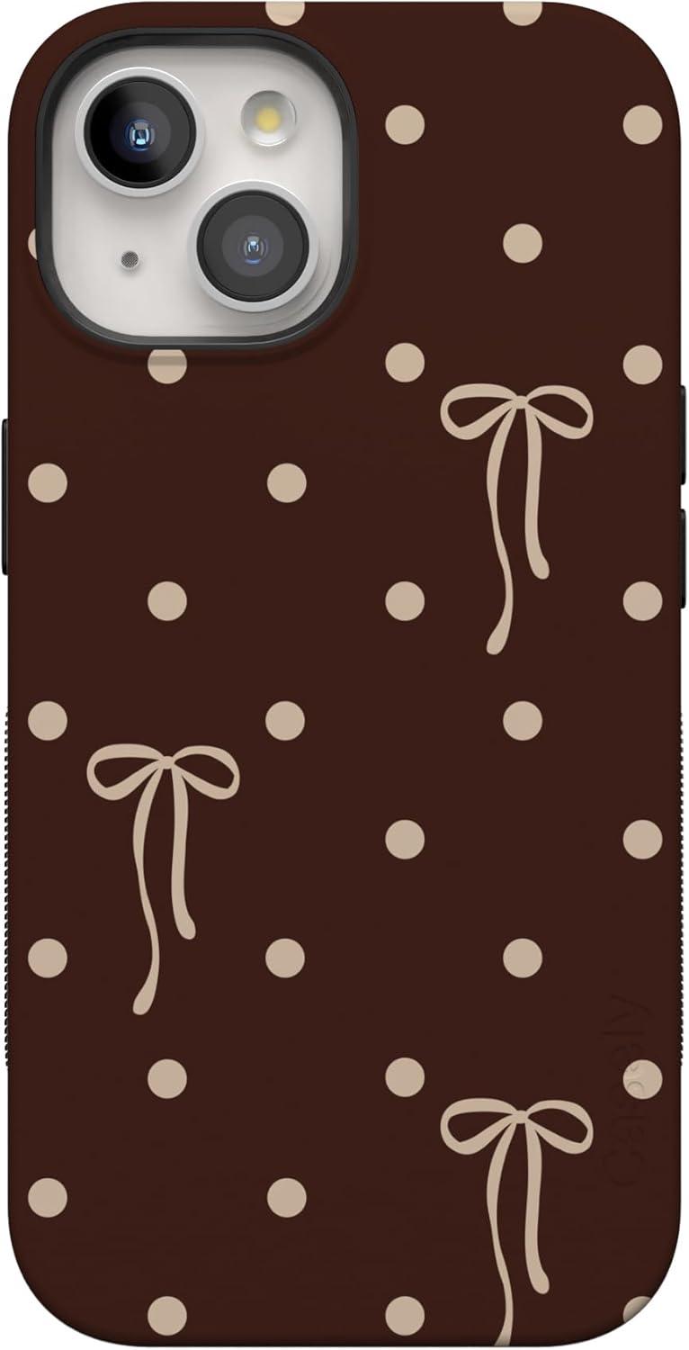 imageCasely iPhone 15 Pro Case Heart Noir Tiny Hearts Bold Protective Design MagSafe Compatible DesignTeddy Bows Brown Polka Dot