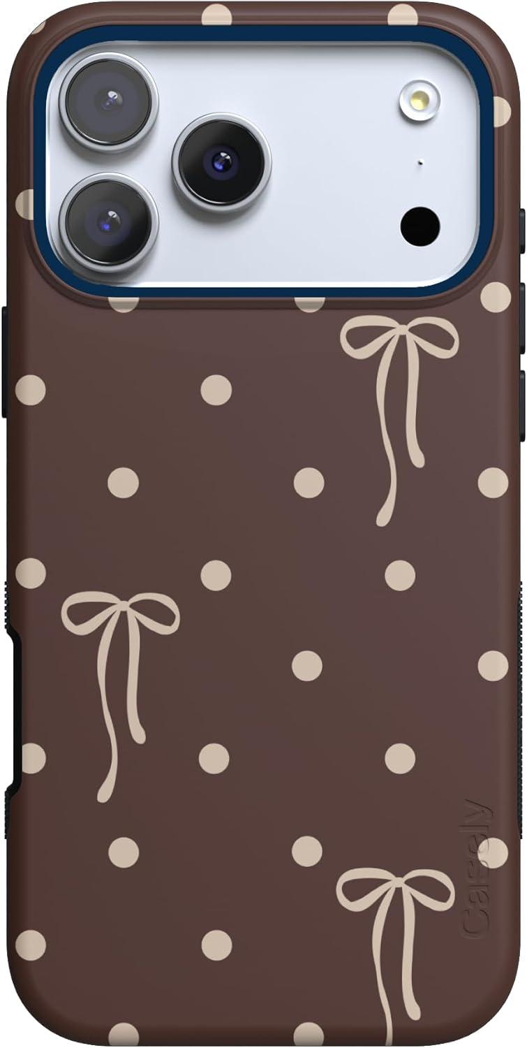 imageCasely iPhone 15 Pro Case Heart Noir Tiny Hearts Bold Protective Design MagSafe Compatible DesignTeddy Bows Brown Polka Dot