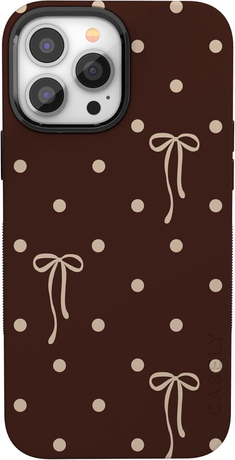 imageCasely iPhone 15 Pro Case Heart Noir Tiny Hearts Bold Protective Design MagSafe Compatible DesignTeddy Bows Brown Polka Dot