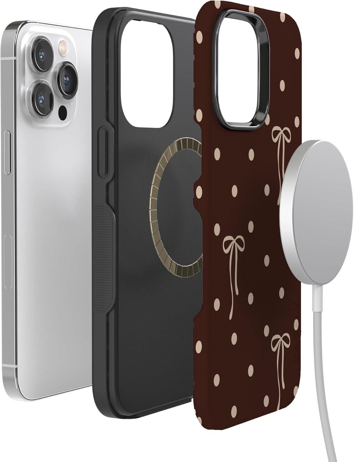 imageCasely iPhone 15 Pro Case Heart Noir Tiny Hearts Bold Protective Design MagSafe Compatible DesignTeddy Bows Brown Polka Dot