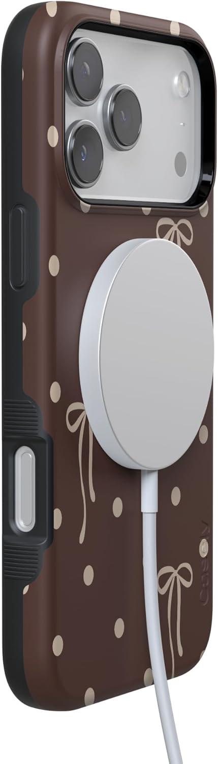 imageCasely iPhone 15 Pro Case Heart Noir Tiny Hearts Bold Protective Design MagSafe Compatible DesignTeddy Bows Brown Polka Dot
