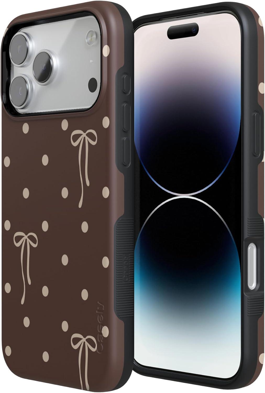 imageCasely iPhone 15 Pro Case Heart Noir Tiny Hearts Bold Protective Design MagSafe Compatible DesignTeddy Bows Brown Polka Dot