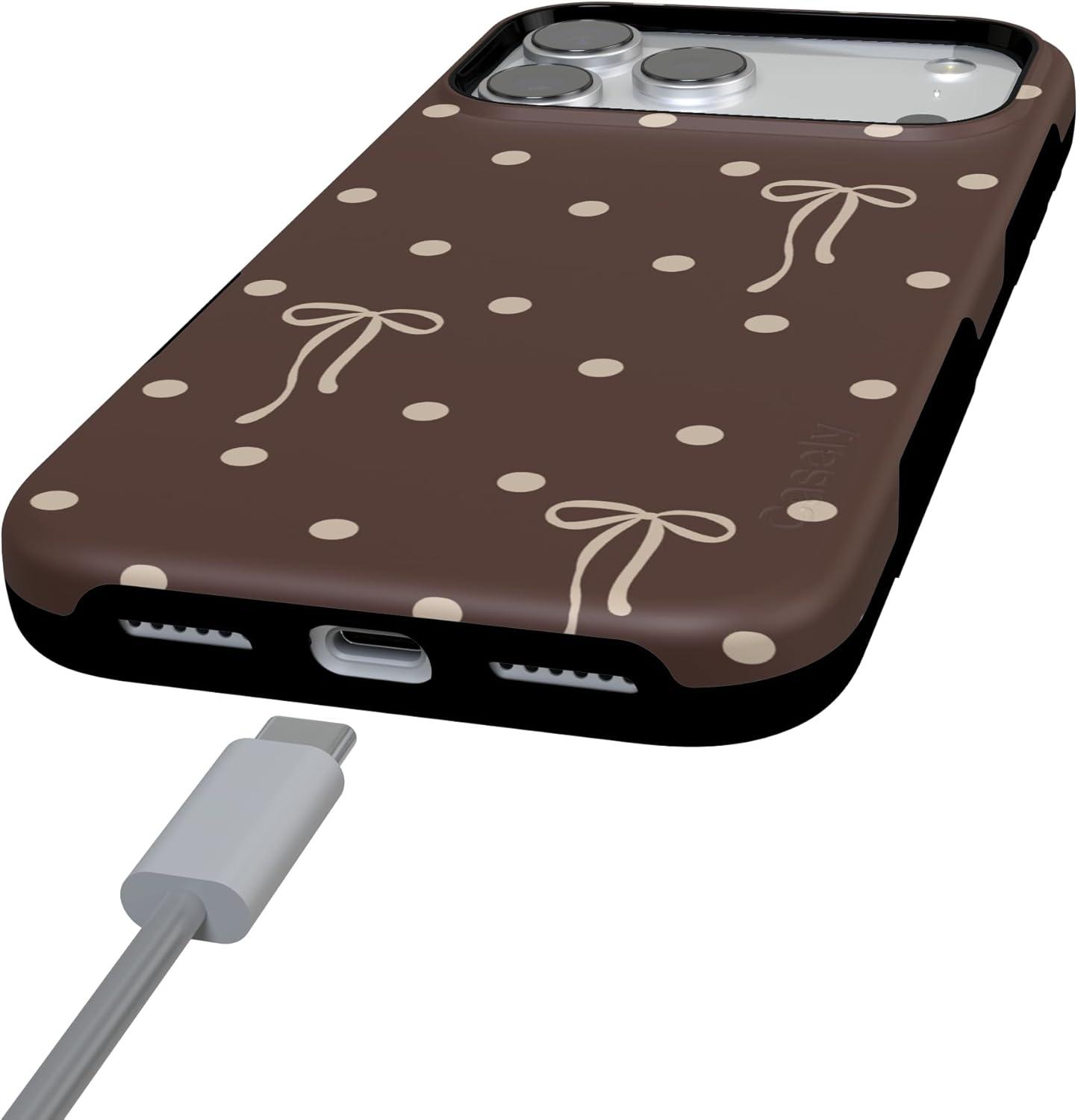 imageCasely iPhone 15 Pro Case Heart Noir Tiny Hearts Bold Protective Design MagSafe Compatible DesignTeddy Bows Brown Polka Dot