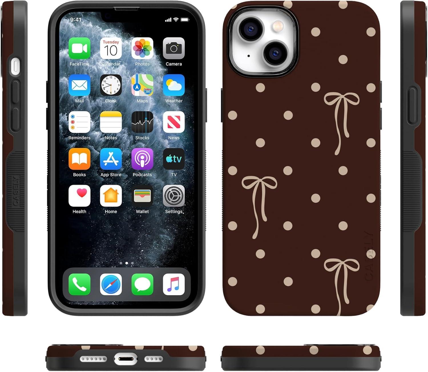 imageCasely iPhone 15 Pro Case Heart Noir Tiny Hearts Bold Protective Design MagSafe Compatible DesignTeddy Bows Brown Polka Dot