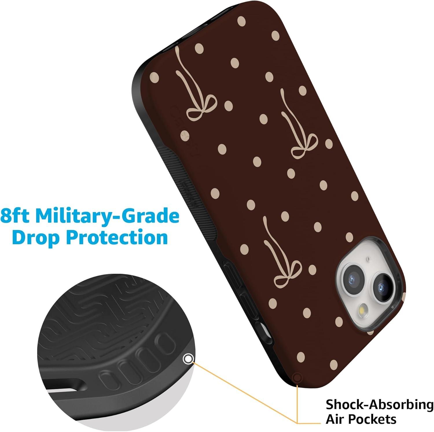 imageCasely iPhone 15 Pro Case Heart Noir Tiny Hearts Bold Protective Design MagSafe Compatible DesignTeddy Bows Brown Polka Dot