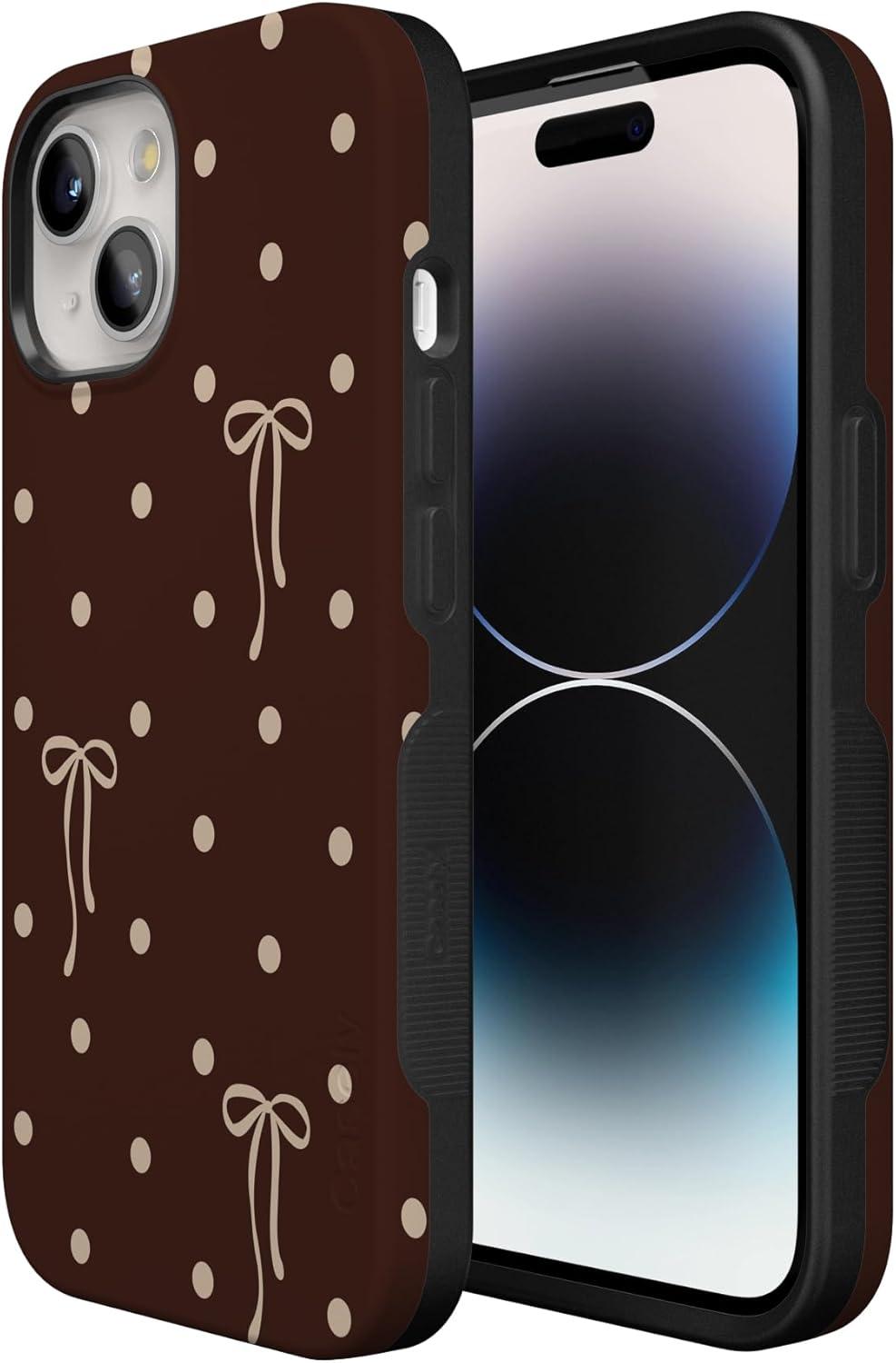 imageCasely iPhone 15 Pro Case Heart Noir Tiny Hearts Bold Protective Design MagSafe Compatible DesignTeddy Bows Brown Polka Dot