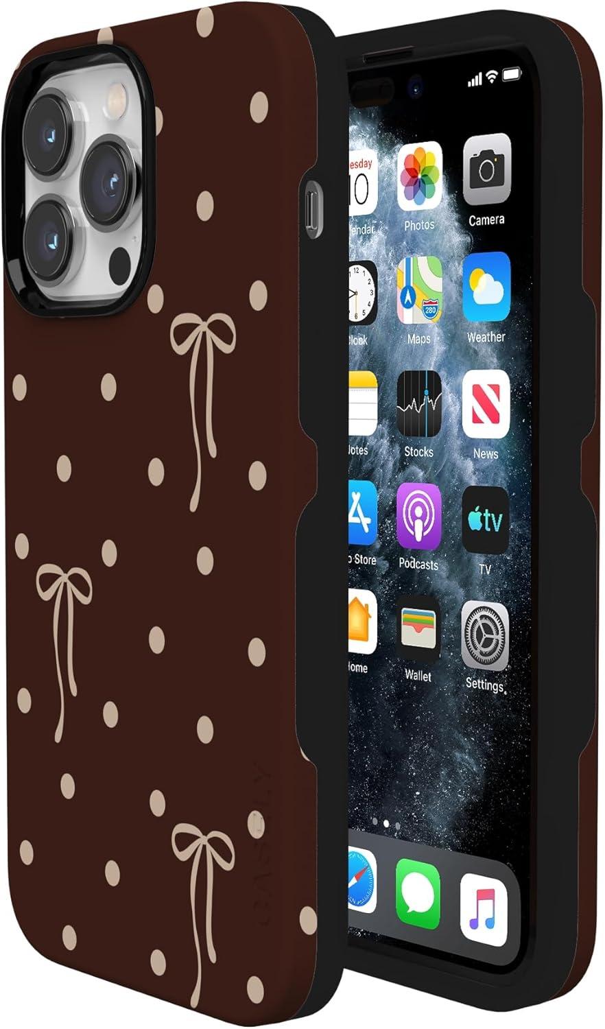 imageCasely iPhone 15 Pro Case Heart Noir Tiny Hearts Bold Protective Design MagSafe Compatible DesignTeddy Bows Brown Polka Dot