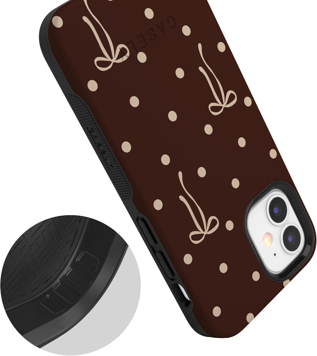 imageCasely iPhone 15 Pro Case Heart Noir Tiny Hearts Bold Protective Design MagSafe Compatible DesignTeddy Bows Brown Polka Dot