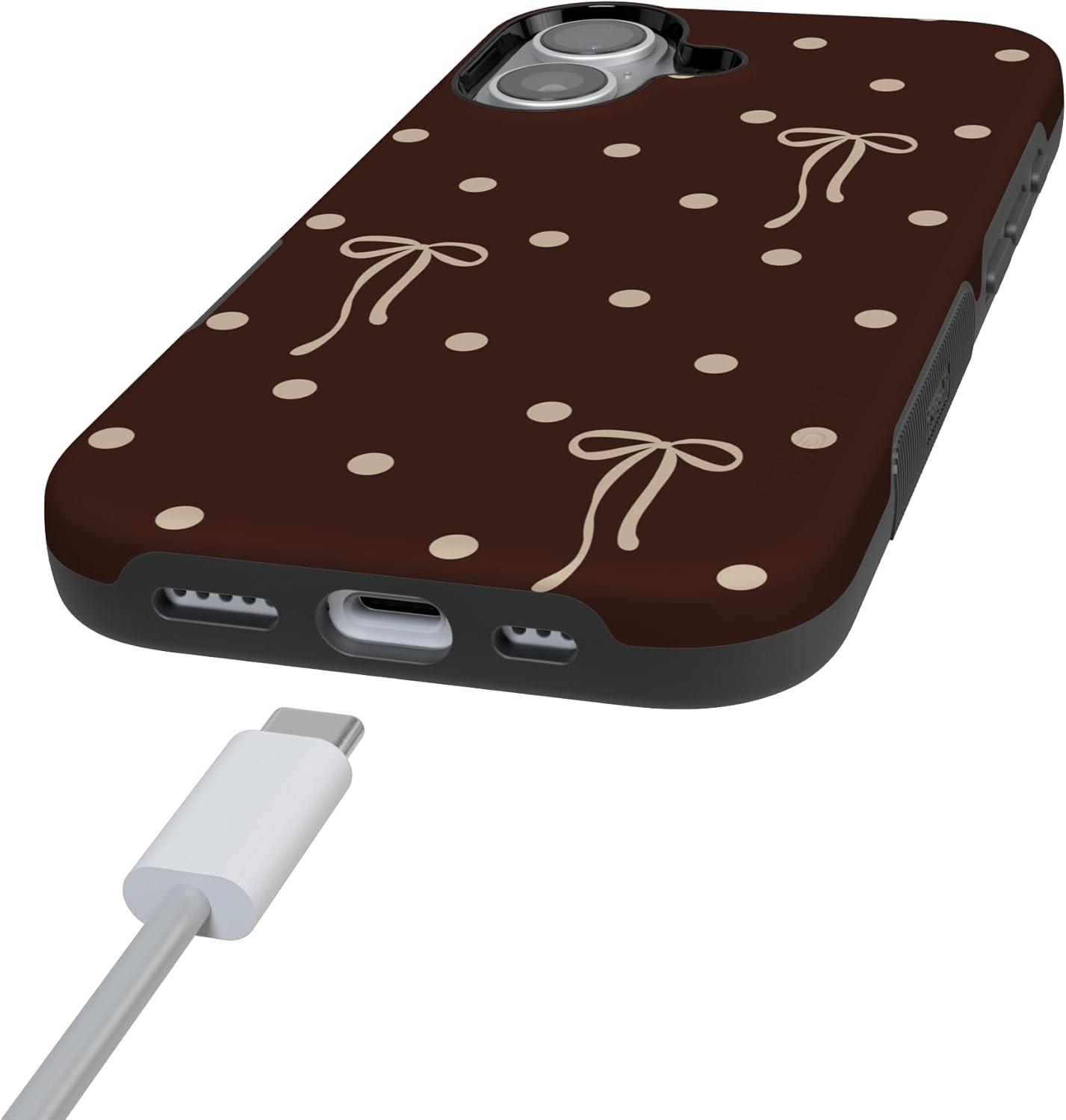 imageCasely iPhone 15 Pro Case Heart Noir Tiny Hearts Bold Protective Design MagSafe Compatible DesignTeddy Bows Brown Polka Dot