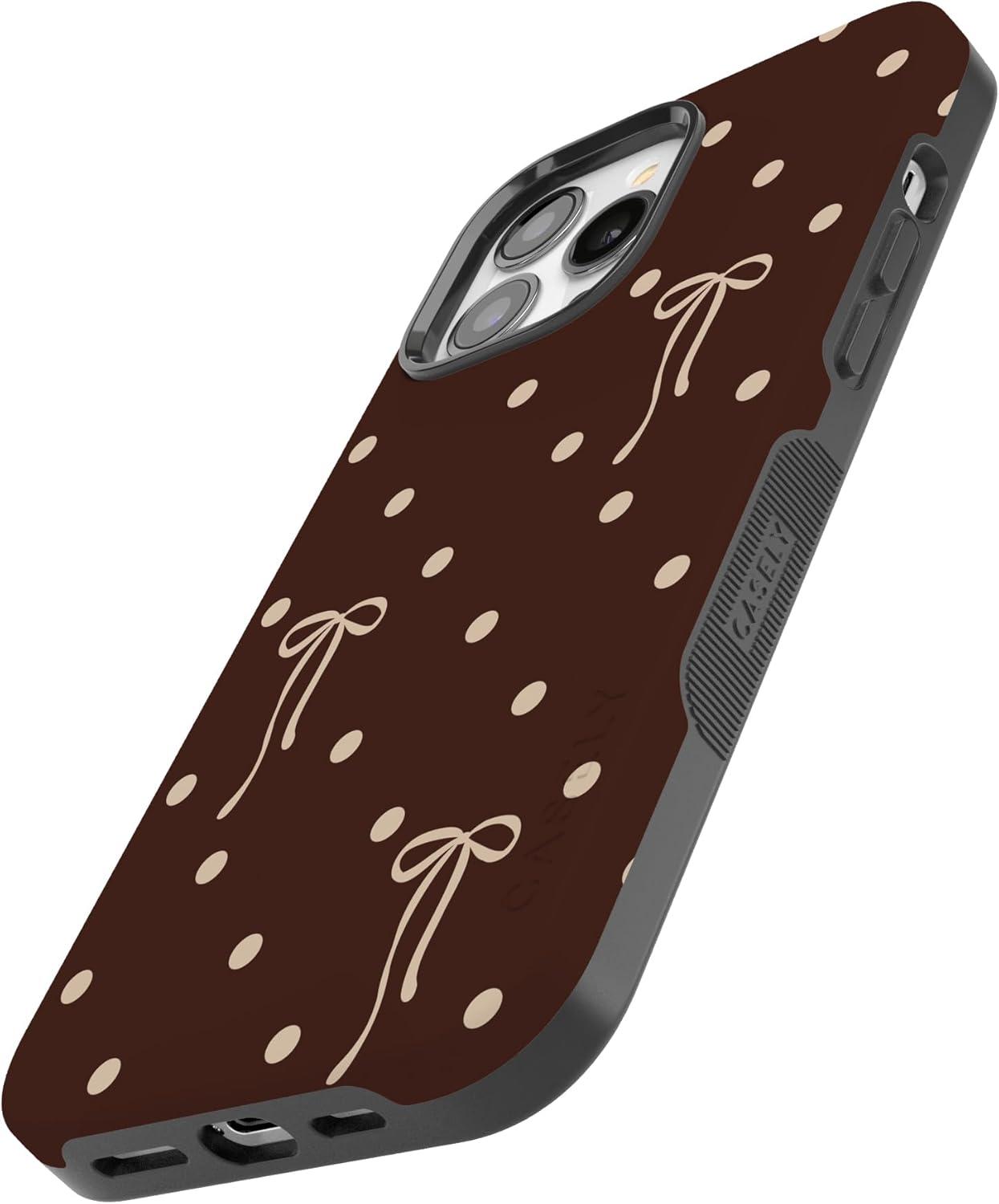 imageCasely iPhone 15 Pro Case Heart Noir Tiny Hearts Bold Protective Design MagSafe Compatible DesignTeddy Bows Brown Polka Dot