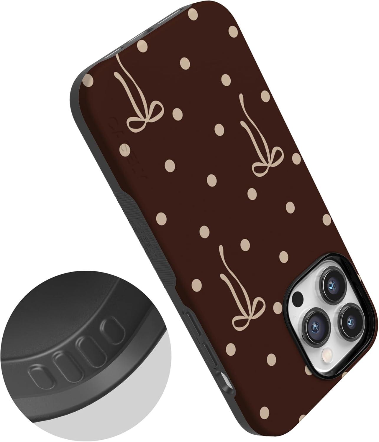 imageCasely iPhone 15 Pro Case Heart Noir Tiny Hearts Bold Protective Design MagSafe Compatible DesignTeddy Bows Brown Polka Dot