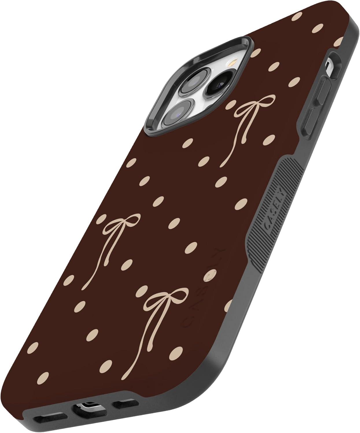 imageCasely iPhone 15 Pro Case Heart Noir Tiny Hearts Bold Protective Design MagSafe Compatible DesignTeddy Bows Brown Polka Dot