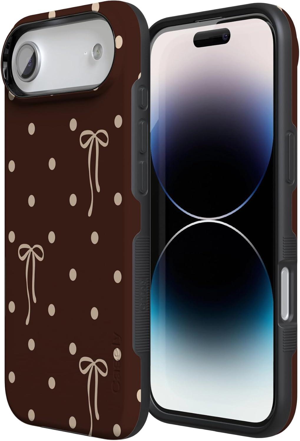 imageCasely iPhone 15 Pro Case Heart Noir Tiny Hearts Bold Protective Design MagSafe Compatible DesignTeddy Bows Brown Polka Dot