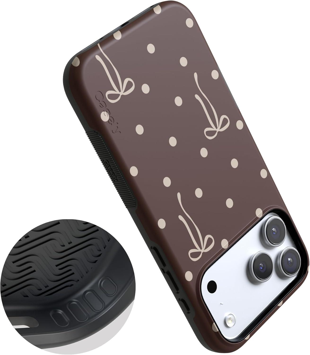 imageCasely iPhone 15 Pro Case Heart Noir Tiny Hearts Bold Protective Design MagSafe Compatible DesignTeddy Bows Brown Polka Dot