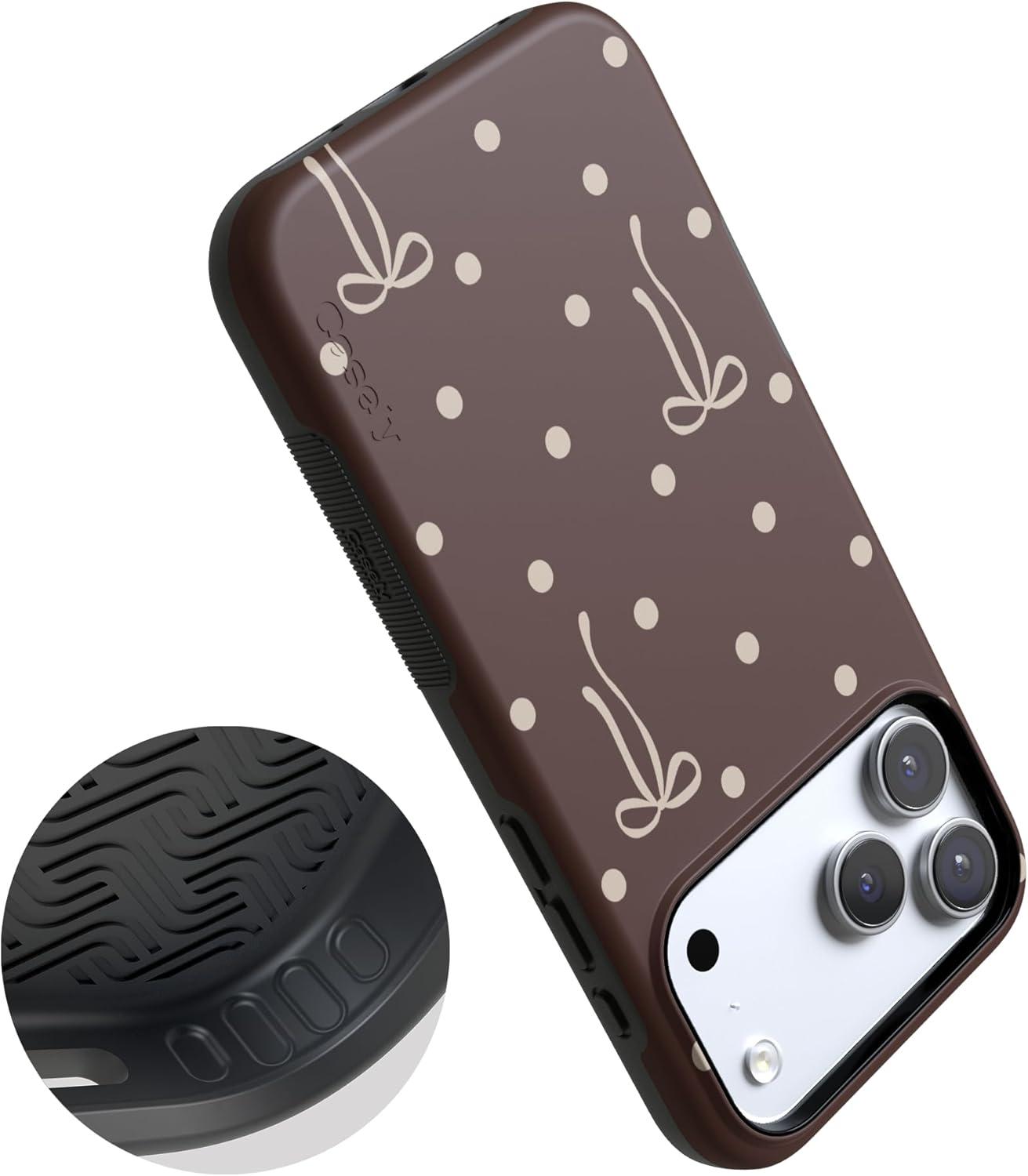 imageCasely iPhone 15 Pro Case Heart Noir Tiny Hearts Bold Protective Design MagSafe Compatible DesignTeddy Bows Brown Polka Dot